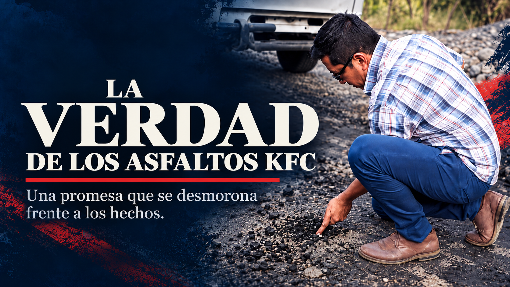 Un ciudadano muestra con el dedo cómo el asfalto recién colocado se desgrana en una vía de Pastaza — Asfaltos KFC, Karol por Pastaza